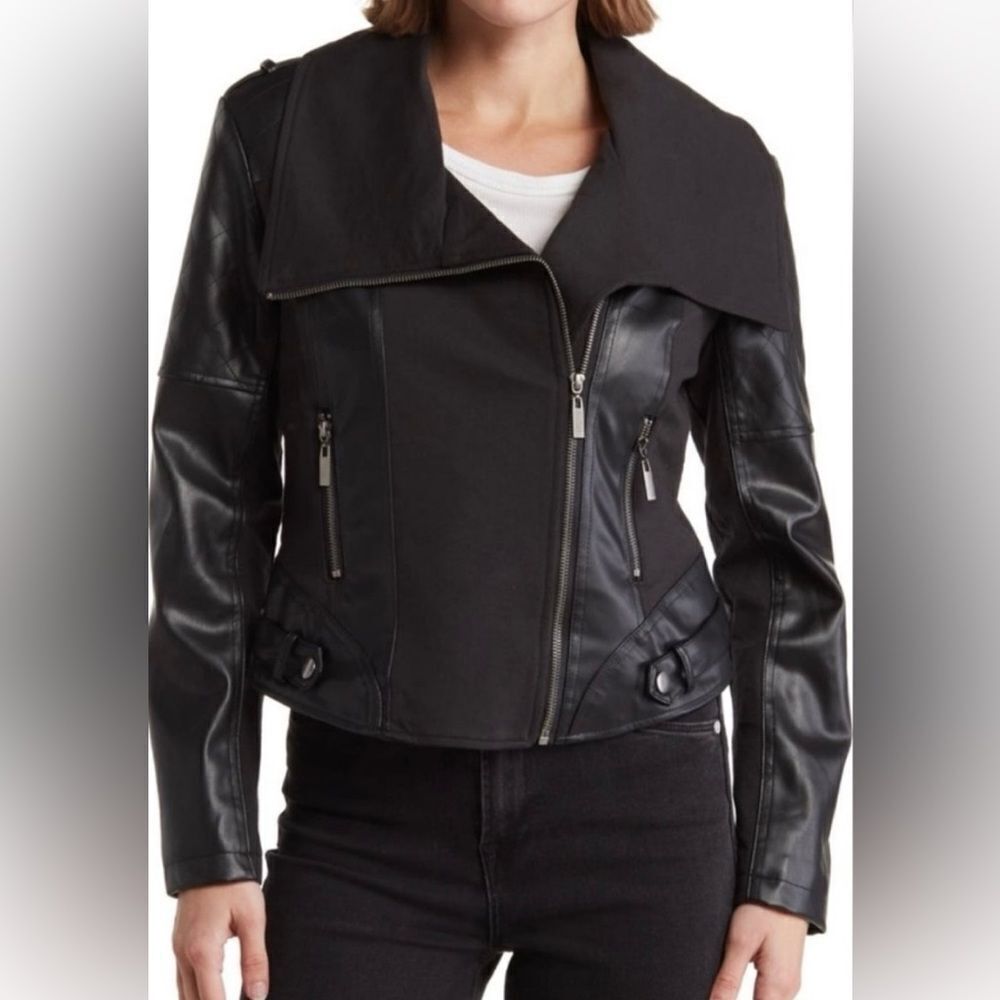 Ollie & Lala Mixed Fabric & Faux Leather Moto Jacket Black